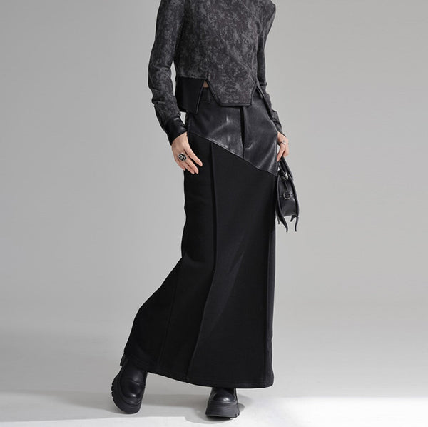 アシンメトリーレザーロングスカート パッチワーク /レディース モレビー|モード系ファッションブランド